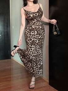 Vestidos Sexy Para Mujer Con Estampado Slim Sin Mangas Backless Cita Party - Marrón - Ver 7