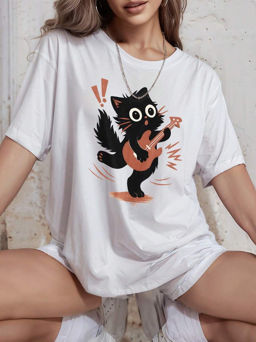 Camiseta vintage para mujer, diseño de gato Y2K Harajuku, camiseta de verano Emo Grunge, ropa de calle de gran tamaño, playeras rock casual, Playeras mujer de gato tocando guitarra, Camisetas graciosas mujer,Camiseta impresa de manga corta cuello redondo casual ropa de mujer grande,playeras oversize,ropa de calle de gran tamaño,Estampado de Letras - Blanco - Ver 1