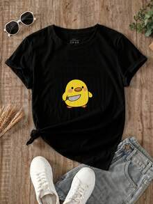 Playeras graciosas con pollito amarillo y frases humorísticas, Playeras Con Frases Para Mujer, playeras chidas, casual, Playeras mujer de pollito amarillo con texto "Dormí poco Dormí mal Estoy estresado Hoy elegiré la violencia", Camisetas graciosas mujer,Camiseta impresa de manga corta cuello redondo casual ropa de mujer grande,playeras oversize,ropa de calle de gran tamaño,Estampado de Letras - Negro - Ver 2