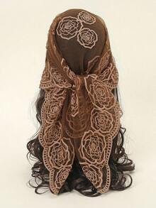 1 PCS Women's Fashion Embroidered Thin Breathable Bandana Scarf Square Scarf Versatile Fashion Decorative Silk Scarf, Rose Head Cover Scarf - 棕色 - 查看 7