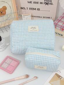 1 件装蓝色格纹化妆包，绣有爱心图案，可爱波点印花，大容量旅行化妆包，带拉链，可收纳化妆刷，小口红袋，小物件收纳袋 - 粉色 - 查看 17