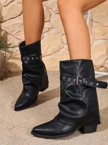 Botas de tobillo negras para mujer, botas de tacón grueso de punta puntiaguda hasta la pantorrilla, botas de montar ajustadas y sexy - Negro - Ver 6