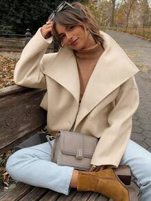 卡其色翻领羊毛大衣，女士宽松版型外套，秋冬新品 - 卡其色 - 查看 4