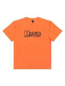 Misfits Horror Punk Style Red Marbled Tie-Dye Acid-Washed Short Sleeve Crew Neck T-Shirt - Bold Black Stylized Lettering Print, Casual Summer Cotton Tee For Fans- Fall Graphic T-Shirt Women's Halloween Animal Print Casual T-Shirt For Fall Outfit - 橘色 - 查看 6
