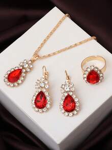 3pcs Jewelry Set: Pendant Necklace, Earrings, Ring With Rhinestones, Fashion Bridal Decoration Set, Suitable For All Seasons, Valentine's Day, Thanksgiving, And Daily Wear - Love - View 1