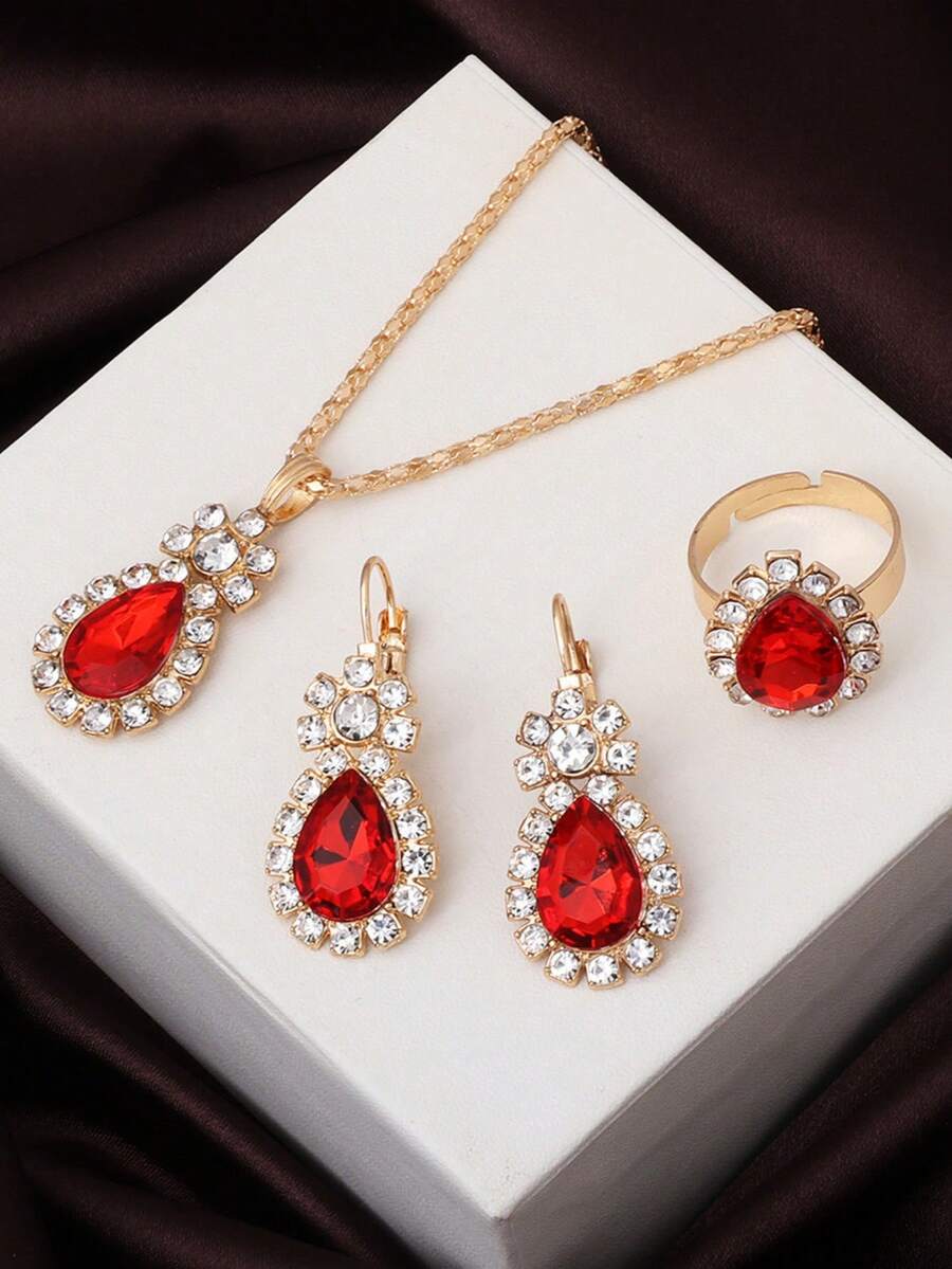 3pcs Jewelry Set: Pendant Necklace, Earrings, Ring With Rhinestones, Fashion Bridal Decoration Set, Suitable For All Seasons, Valentine's Day, Thanksgiving, And Daily Wear - Love - View 1