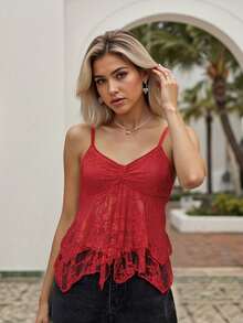 Women's Summer Lace Camisoles Sleeveless Open Back Deep V Neck Crop Cami Tank Tops - 紅色 - 查看 3