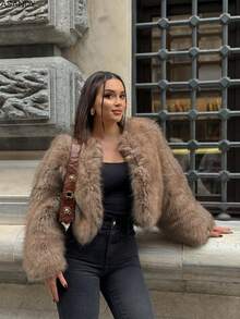 女式圆领宽松短款仿皮草时尚休闲夹克 - 深棕色 - 查看 7