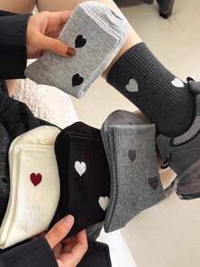 5 Pairs Women's Heart Pattern Mid-Calf Socks, Suitable For All Seasons, Random Colors - Multicolor - View 2
