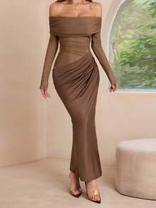 Onicee Women's Brown Mesh Cutout Off-Shoulder Party Dress, Suitable For Valentine's Day, Dates, Gatherings, Parties, Travel, Vacation, Beach And Other Occasions