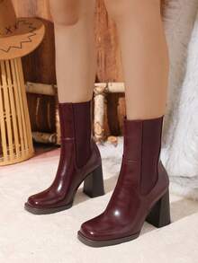 女士粗跟踝靴，弹性套穿方头，穿着舒适，百搭，英伦风，秋冬款，酒红色鞋跟 - 酒紅色 - 查看 3