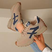 女士撞色运动鞋，休闲系带低帮运动鞋，舒适步行运动鞋 - 卡其色 - 查看 4