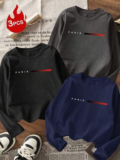 3 piezas Camisetas de manga larga con cuello redondo y estampado casual para niños, ropa de otoño para estudiantes y jóvenes - Las llamativas camisetas de manga larga definitivamente harán sonreír a los niños