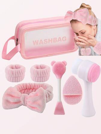 7/6/3/1 Set Of Facial Cleaning Tools, Deep Cleaning Beauty Spa Facial Mask Brush Set, Soft Swan Hair Band, Hair Band Set, Gentle Scrub Brush, Silicone Facial Cleaning Brush, Waterproof Cosmetic Bag, Easy To Carry, Suitable For Daily And Travel Use, Reusable Cleaning Tools, Skin Care Headband, Beauty, Skin Care Products, Spa, Self-Care, Skin Care Tools, Facial Care, And Beautician Supplies