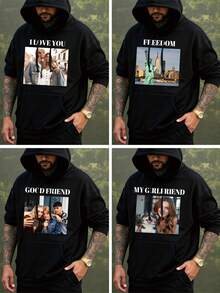 定制男士加大码秋冬连帽卫衣，可印制您/朋友/家人/情侣/宠物的照片，上传趣味语录/个性化文字/姓名/祝福语/节日/周年纪念日文字 - 黑色 - 查看 2