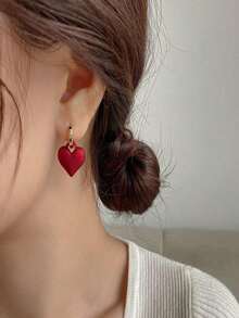 New Arrival Red Heart-Shaped Earrings For Women, Retro Design With Unique Peach-Shaped Earwire Valentine's Day Gift Heart Drop Love Gift For Lovers Gift For My Girlfriend Couple Jewelry Accessories Mom,Mother,Mother's Day,Gift, Heart Drop Love Gift For Lovers - 紅色 - 查看 3