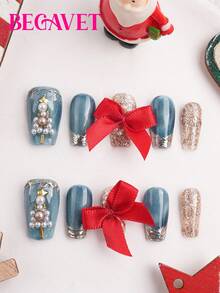 BEGAVET 10pcs Handmade Salon Quality Christmas Press On Nails Christmas Tree Super Long Exclusive Design 3D Nails With 3D Charms, Suitable For Parties/Music Festival And Daily Wear - Blue - View 1