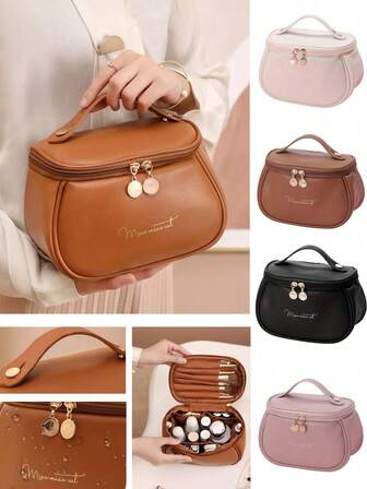 PU Leather Waterproof Cosmetic Bag, Women's Handbag, Multi-Functional Travel Storage Bag, Large-Capacity Double-Layer Cosmetic Bag, Cosmetic Storage Container, Cosmetic Storage Accessories, Travel Toiletries Bag, Travel Essentials, Suitable For Cosmetics, Skin Care Products, Toiletries, Personal Care Products, Etc., Gifts For Women, Holiday Gifts.