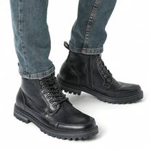 Men's Black Motorcycle Combat Oxford Boots Fur Lining Warm Zipper Boots - 黑色 - 查看 6