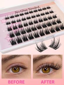 50pcs C-Curl Self-Adhesive Individual Lashes Set, 8-16mm Mixed Sizes, DIY Eyelash Extension Kit With Tweezers And Lash Curler, No Glue Needed, Segment Fake Lashes With Spikes, Suitable For Daily And Party Use - 黑色 - 查看 3