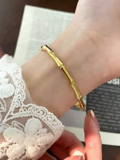 1pc Vintage Minimalist Women's Stainless Steel Bamboo Knot Bracelet, Suitable For Daily, Vacation Wear And Romantic Gift For Mother Or Girlfriend