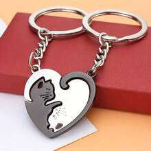 Quirky Cat Design Heart-Shaped Separated Keychain Set, Engraved Love Token, Birthday, Anniversary, Christmas Gift For Best Friend, Couple, Soulmate