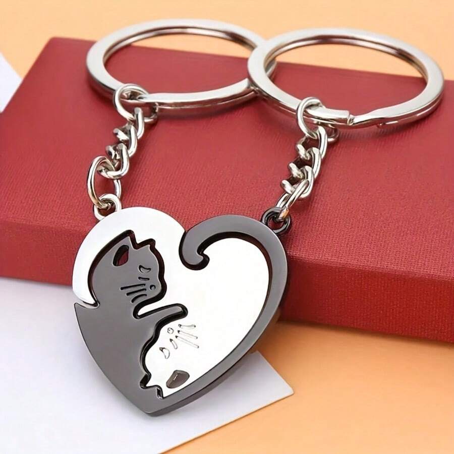 Quirky Cat Design Heart-Shaped Separated Keychain Set, Engraved Love Token, Birthday, Anniversary, Christmas Gift For Best Friend, Couple, Soulmate