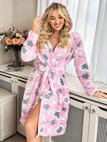 一件女士爱心印花连帽家居服，保暖长袖加厚休闲家居服，带纽扣和口袋，适合冬季户外活动、露营、居家、浴室、客厅、厨房穿着，也可作为情人节礼物。 - 彩色 - 查看 4