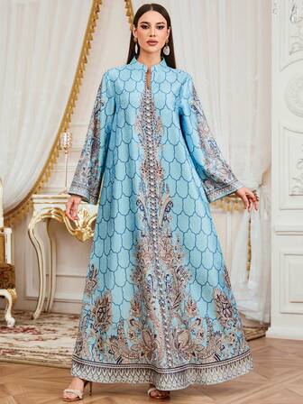 SISKAKIA Luxury Floral Print Woven Fabric Pearl Beaded Dress, Suitable For Holidays, Dates, Formal Dinners, All Seasons