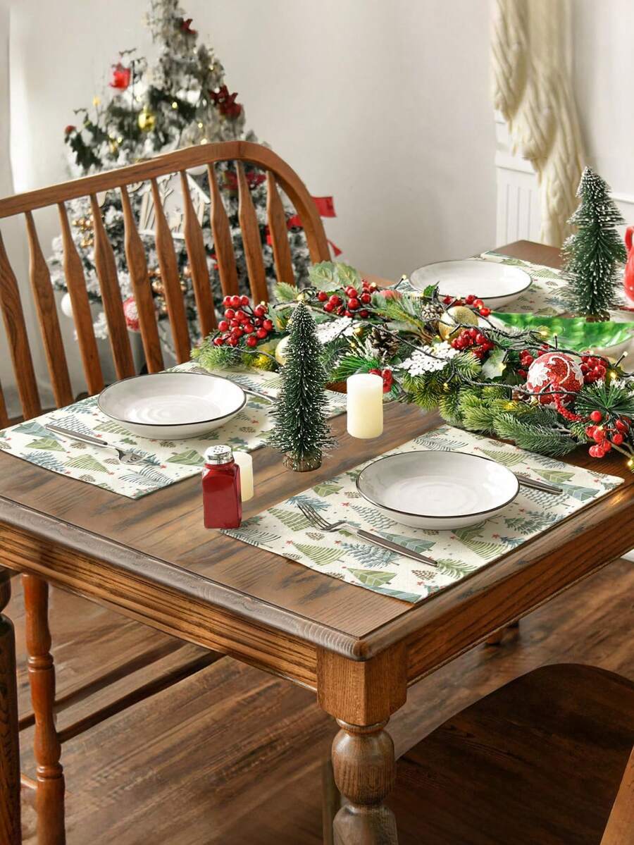 4 件/6 件圣诞绿松树装饰桌布，现代餐桌垫，可水洗厨房餐桌装饰，耐热，适合家庭聚会、露营、咖啡桌、春夏季 - 綠色 - 查看 1