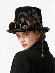 1pc Women Steampunk Hat, Solid Color Wide Brim Decorated With Metal Eyeglasses, Teeth, Chain, Felt Round Crown Costume Party Hat, Unisex Design - Multicolor - View 4