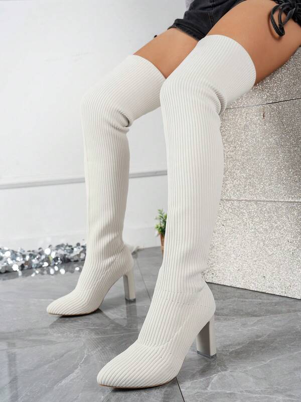 1 双女式过膝长靴，针织弹力，时尚优雅超高跟，性感派对，纯色，婚礼，粗跟，百搭，舒适，秋冬