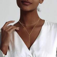 Luxval Lariat Gold Necklace For Women, Dainty Long Necklace 14k Gold Plated/Silver Y-Shaped Pendant Necklaces  Beaded Chain Drop Necklaces Jewelry For Women Gifts{"Color_name":"Gold-YSatellite"} - 黃金-Y衛星 - 查看 5