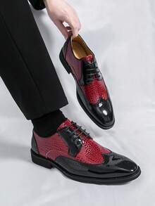 Men's Crocodile Embossed Color Block Pointed Toe Lace-Up Formal Dress Shoes, Suitable For Wedding, Office, Party - Red - View 10