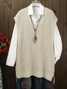 Plus Size Women Loose Fit V-Neck Sleeveless Pullover Sweater Vest