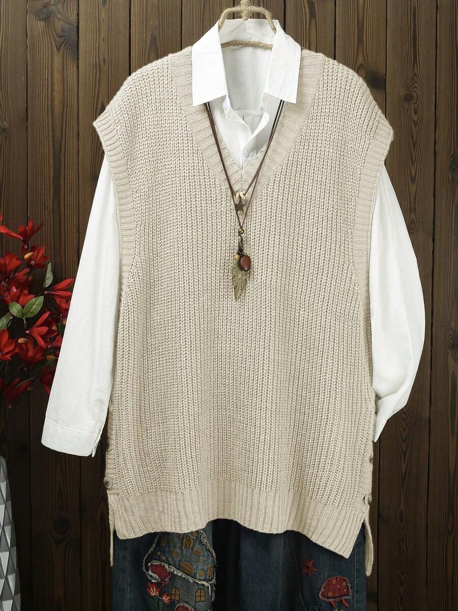 Plus Size Women Loose Fit V-Neck Sleeveless Pullover Sweater Vest
