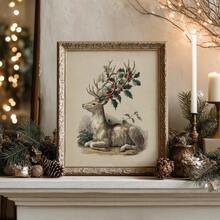 1pc Framed/Unframed Vintage Christmas Deer Cozy Canvas Poster Retro Reindeer Festival Rustic Wall Art Print Minimalist Winter Xmas Holiday Farmhouse Aesthetic Decor Painting For Dorm,Living Room,Bedroom,Modern Home Decoration - Multicolor - View 1