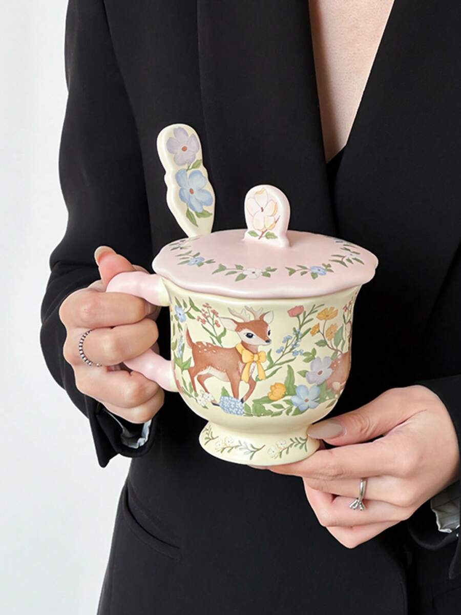 Tazza con motivo floreale e cervo, adatta per uso domestico o in ufficio, può contenere varie bevande calde e fredde come caffè, latte, cioccolata calda, cappuccino, succhi e caffè americano, viene fornita con coperchio e cucchiaino, design comodo per il manico, un regalo ideale per le vacanze per famiglia e amici. - Verde - Visualizzare 1