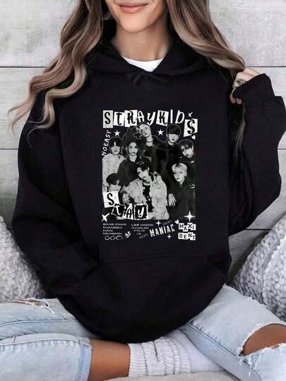 Stray Kids Poster Print On Black Round Neck Short Sleeve Hooded Sweatshirt Women's And Men's Patterned Sweatshirts
