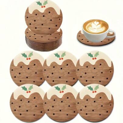 6pcs New Year Pudding Wooden Coasters, Customized Wooden Cup Mats For Home, Office, Cafe, Tea Room Decor