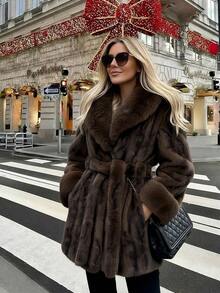 2025 Winter New Christmas & New Year Faux Fur Collar Faux Fur Coat, Vintage Loose Long Sleeve Women Faux Fur Jacket - Coffee Brown - View 2