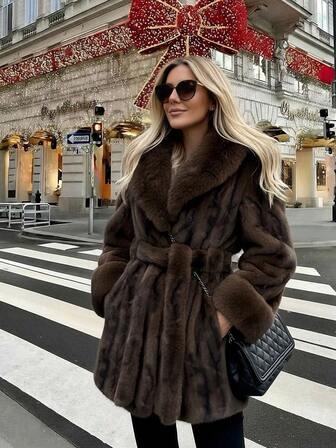 2025 Winter New Christmas & New Year Faux Fur Collar Faux Fur Coat, Vintage Loose Long Sleeve Women Faux Fur Jacket