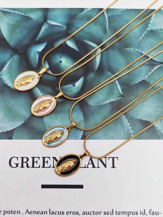 1 pieza Collar con colgante ovalado de Virgen María chapado en oro de 18K estilo vintage francés de acero inoxidable, simple y elegante para hombres y mujeres, regalo de joyería asequible para el Día de San Valentín