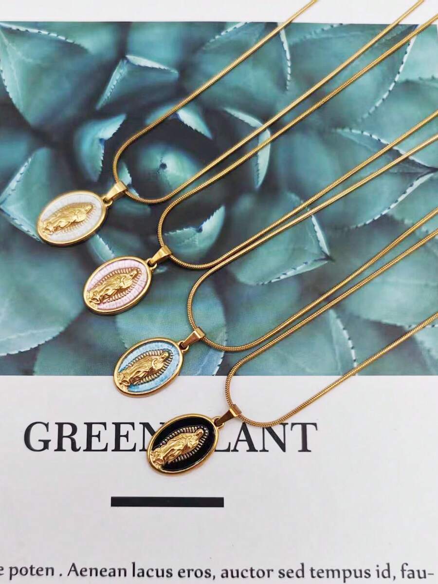 1 件不锈钢复古法国 18K 镀椭圆形圣母玛利亚吊坠项链，简约优雅，男女皆宜，情人节实惠珠宝礼物 - 彩色 - 查看 1