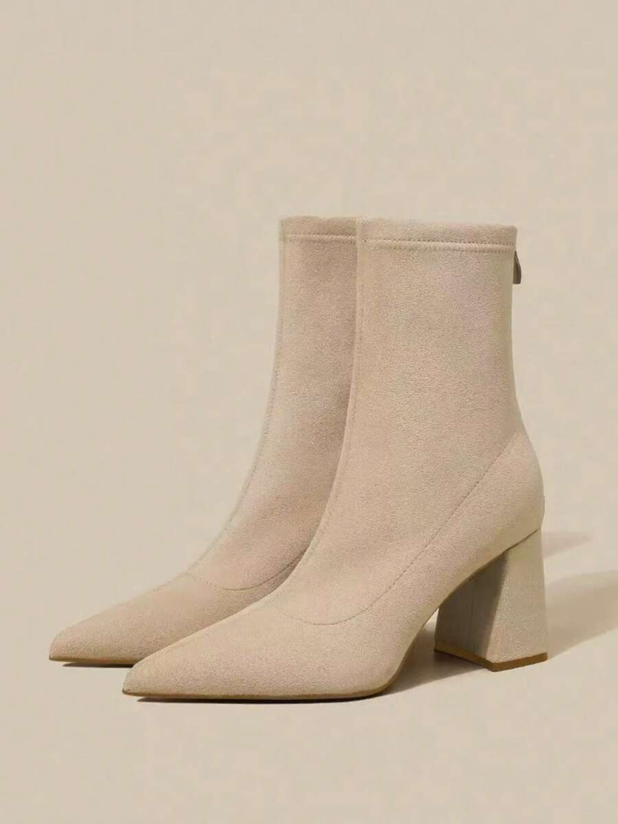 2025新款经典尖头粗跟女靴，百搭时尚踝靴，弹力中筒靴，母亲节礼物 - 卡其色 - 查看 1