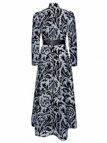 Vestido negro de manga larga, cuello en V y línea A, elegante y cómodo, de satén plateado, para primavera/otoño - Blanco y Negro - Ver 2
