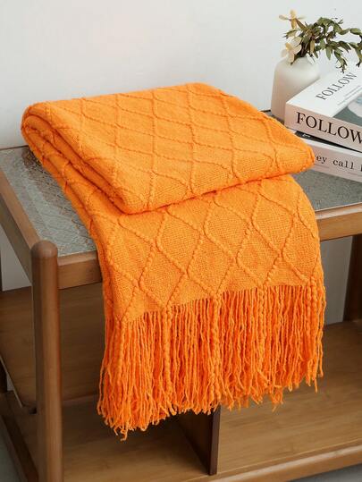 1 件纯色钻石格子针织毯，北欧风格亚克力矩形简约沙发套盖毯，卧室休闲针织盖毯