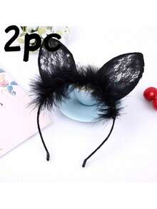 1pc Black Lace Feather Cat Ear Headband, Sexy Party Performance Prop Headpiece - Multicolor - View 13