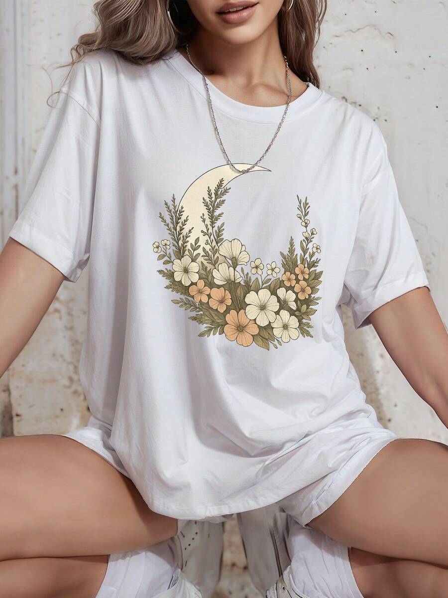 Camiseta Para Mujer Manga Corta Estampado de Luna Creciente y Flores Silvestres Playeras Vintage Casual Cotton,Camisetas graciosas mujer,Camiseta impresa de manga corta cuello redondo casual ropa de mujer grande,playeras oversize,ropa de calle de gran tamaño,Estampado de Letras - Blanco - Ver 1