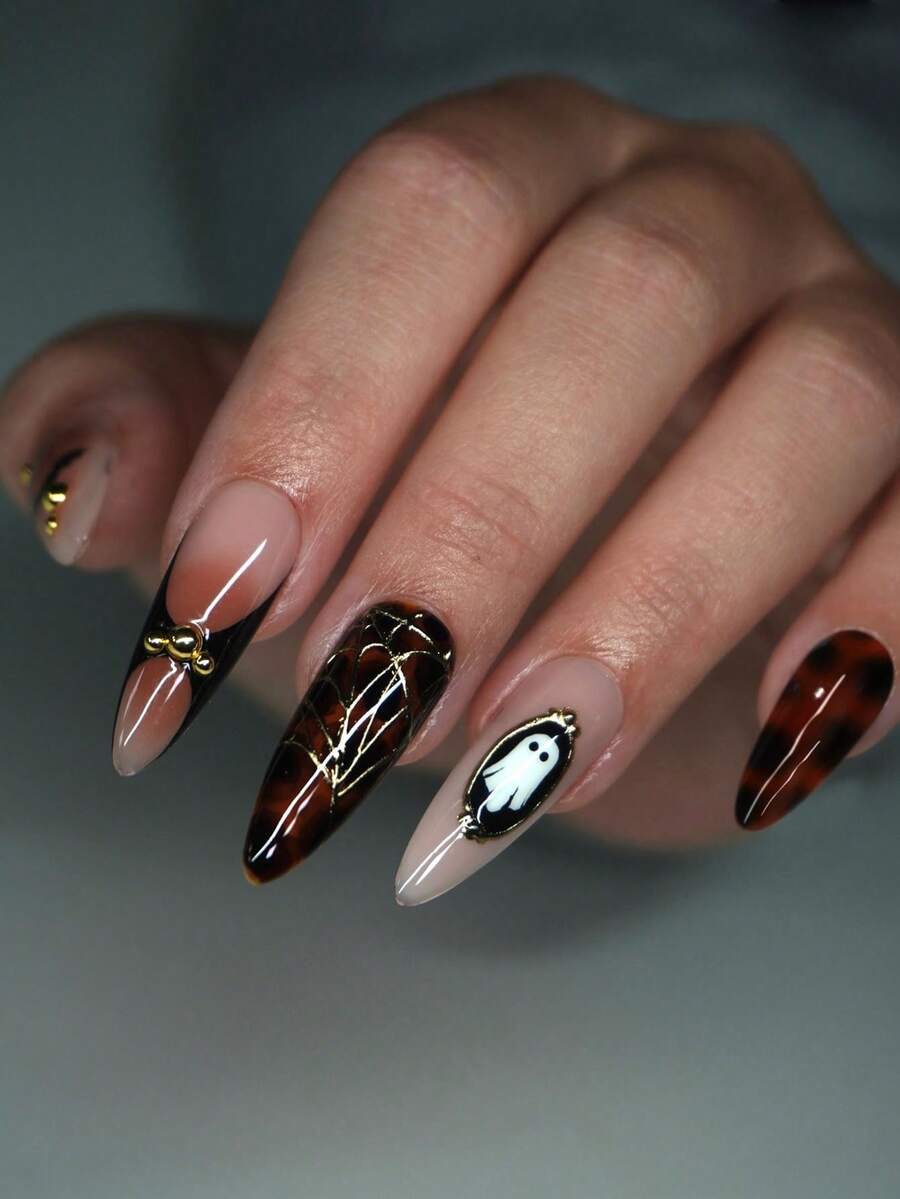 24Pcs Leopard Print Fine Tip Press On Acrylic Nail Art Tips, Punk Style Brown And Nude False Nail Tips 3D Set With Brown Flowers, Ghosts And Gold Beads Decorations, Suitable For Girls And Women's Nail Art Supplies Daily Wear And Holiday Party Decoration Gifts